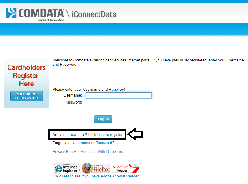 click on register in comdata card login page